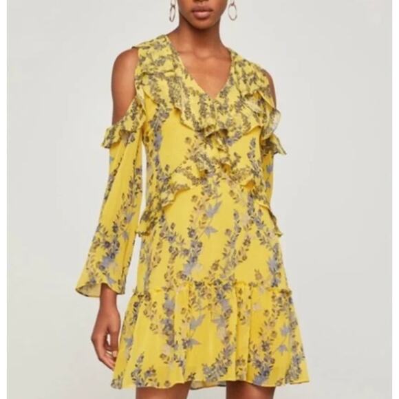 BCBGMaxAzria Dress Womens X Small Marigold Yellow Blue Floral Cold Shoulder Mini - Picture 3 of 12